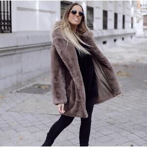 ZARA FAUX FUR COAT LAPEL COLLAR WOMEN’S MAUVE BROWN COZY SOFT 1255/205/809